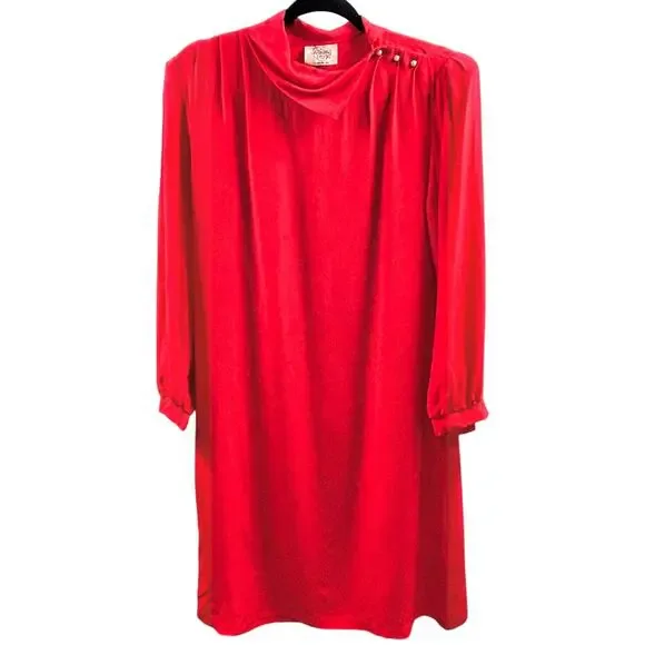 Vintage 80s SILK Elegant Red Cowl Neck Shift Dress Minimalist Old Money 7/8 - Picture 1 of 10